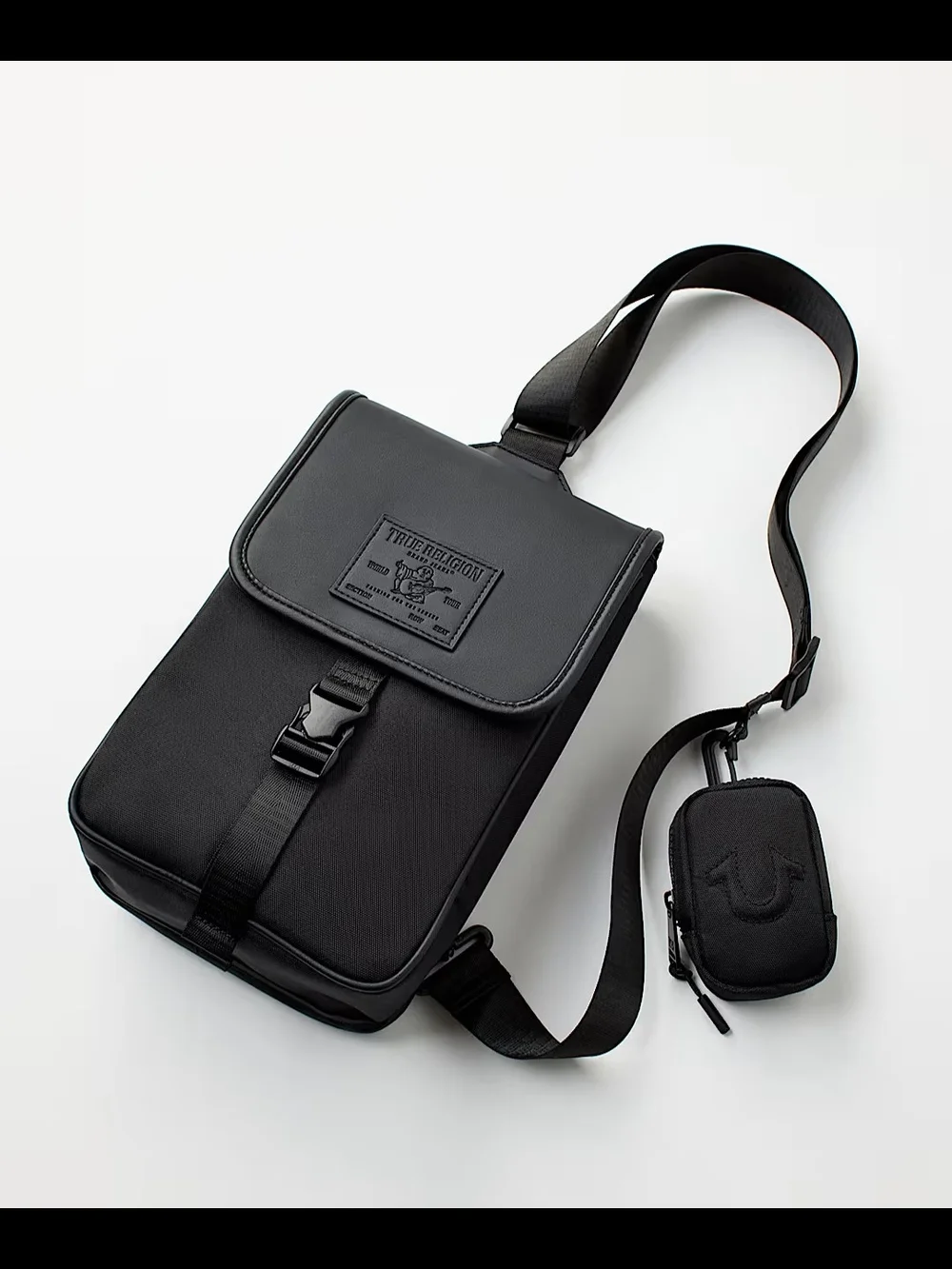 True Religion Black Crossbody Sling Bag with Detachable Pouch